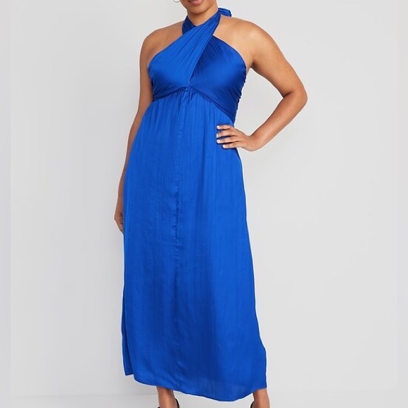 Old Navy | Fit & Flare Wrap-Neck Satin Maxi Dress - Sapphire - Picture 1 of 10